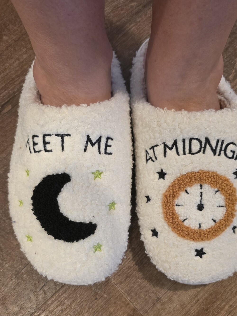 'Meet Me At Midnight' Fuzzy Slippers Cream with Black Accents Taylor Swift
